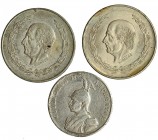 Lote 3 piezas: 5 pesos México (2) 1954 con leyenda en el canto normal e invertida y 2 rupias África Oriental Alemana 1894. MBC-/EBC-.