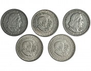 ESTADOS UNIDOS DE AMÉRICA. Lote de 5 piezas de 1/2 dólar conmemorativos: Colón 1892 y 93, Booker T. 1952, 153S y 1954S. MBC+/EBC.