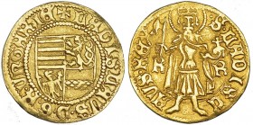 HUNGRÍA. Ladislao V (1453-1457). Gulden de oro. A/ + LADISLAVS. D. G. R. VnGARIE. R/ S. LADISL-AVS. REX; en campo K-R. FR-16. MBC/MBC+. Muy escasa.