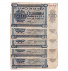 BANCO DE ESPAÑA. Lote 5 billetes de 500 pesetas 11-1936: serie A (2), B (2), C (1). Bordes dañados. Sin manipular. 4 en MBC , 1 en EBC-.