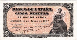 BANCO DE ESPAÑA. 5 pesetas 7-1937. Sin serie. ED-D25. SC. Rara en esta conservación.