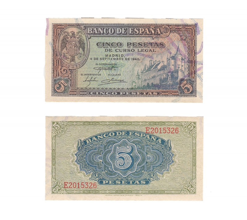 BANCO DE ESPAÑA. 5 pesetas 9-1940. Serie E. ED-D44a. SC.