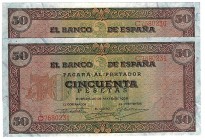 BANCO DE ESPAÑA. 50 pesetas 5-1938. Pareja correlativa. Serie C. ED-D32a. SC. Muy escasa en esta conservación.