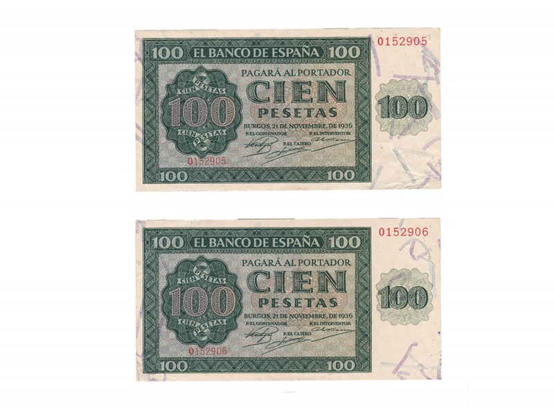 BANCO DE ESPAÑA. 100 pesetas 11-1936. Pareja correlativa. Serie O. ED-D22a. Esqu...