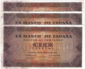 BANCO DE ESPAÑA. 100 pesetas 5-1938. Trío correlativo. Serie A. ED-D33. SC.