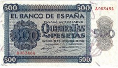 BANCO DE ESPAÑA. 500 pesetas 11-1936. Serie A. ED-D23. Bordes dañados con apresto, sin manipular. EBC-.