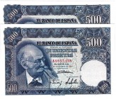 BANCO DE ESPAÑA. 500 pesetas 11-1951. Pareja correlativa. Serie A. ED-D61a. SC.