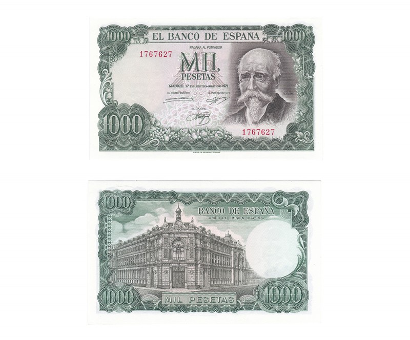 BANCO DE ESPAÑA. 1000 pesetas 9-1971. Pareja correlativa. Sin serie. ED-D75. SC....