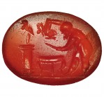 ROMA. Entalle. Siglo III d.C. Representación de una escena ritual con un sacerdote sacrificando animal. A la izquierda un ave posada sobe columna. Cor...