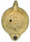 ROMA. Lucerna. Siglo II d.C. Cerámica. Representa diosa Minerva con lanza y escudo. Longitud 10,5 cm.