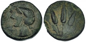 ALEJANDRO III. AE (Siglo II a.C.). A/ Cabeza de Isis a izq., delante uraeus. R/ Tres espigas, flanqueadas por letras púnicas. M-285. SBG-no. Rayas en ...