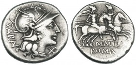 ATILIA. Denario. Roma (148 a.C.). R/ Los dióscuros a caballo a der; encima estrellas; ley.: M.ATILI; ROMA en cartela. FFC-176. SB-8 vte. Golpecito en ...