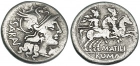 ATILIA. Denario. Roma (148 a.C.). A/ Cabeza de Roma a der., detrás, SARAN; delante, X. R/ M.ATILI; en el exergo ROMA. FFC-176. SB-9. MBC-/BC+.