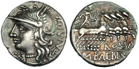 BAEBIA. Denario. Roma (137 a.C.). R/ Apolo en cuadriga a der. con palma, arco y flechas; ley.: ROMA; en el exergo: M·BAEBI. Q. F. FFC-198. SB-12. MBC....