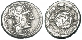 CAECILIA. Denario. Roma (125 a.C.). R/ Escudo macedonio; ley.: M.METELLVS.Q.F., todo dentro de corona de laurel. FFC-204. SB-29. Golpecito en anv. MBC...