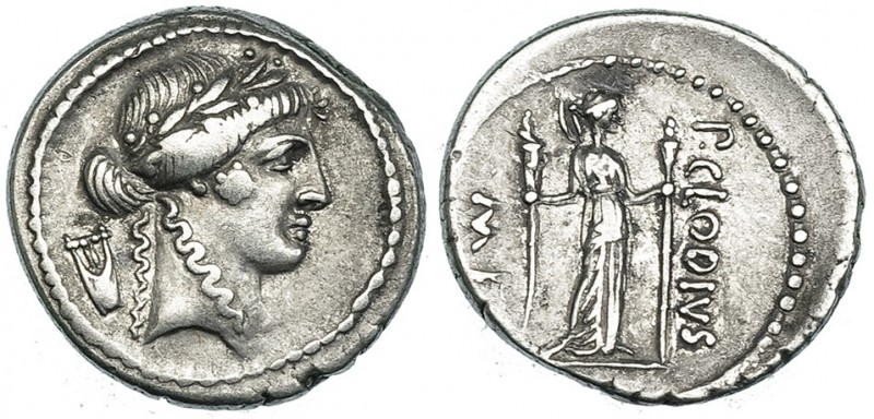 CLAUDIA. Denario. Roma (42 a.C.). A/ Cabeza de Apolo a der.; detrás lira. R/ Dia...