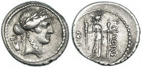 CLAUDIA. Denario. Roma (42 a.C.). A/ Cabeza de Apolo a der.; detrás lira. R/ Diana Lucifera en pie con antorcha en las manos; ley.: P.CLODIVS M F. FFC...