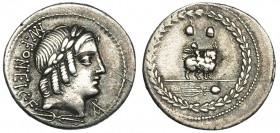 FONTEIA. Denario. Roma (85 a.C.). R/ Genius sobre cabra a der., encima 2 gorros de los dióscuros, debajo tirso, todo ello dentro de corona de laurel a...