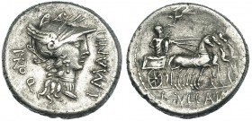 MANLIA. Denario. Ceca oriental (82 a.C.). A/ Cabeza de Roma a der.; alrededor: L.MANLI PRO Q. R/ Sila en cuadriga a der. coronado por la Victoria; en ...