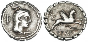 PAPIA. Denario. Roma (79 a.C.). A/ Cabeza de Juno Sóspita a der., detrás símbolo. R/ Grifo saltando a der., debajo símbolo; en el exergo: L. PAPI. CRA...