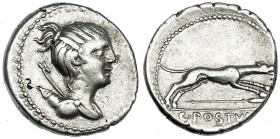 POSTUMIA. Denario. Roma (74 a.C.). A/ Cabeza de Diana a der., detrás arco y carcaj. R/ Perro a der., debajo lanza; en el exergo: C. POSTV (MI/TA). FFC...