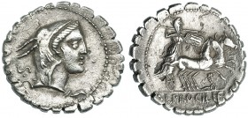 PROCILIA. Denario. Sur de Italia (80 a.C.). R/ Personaje con escudo y lanza en biga a der., debajo una serpiente; ley. en el exergo: L.PROCILI. F. CRA...