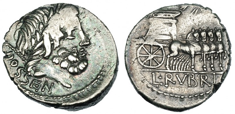 RUBRIA. Denario. Roma (87 a.C.). R/ Carro triunfal a der,; encima Victoria con c...