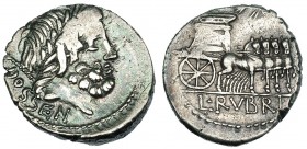 RUBRIA. Denario. Roma (87 a.C.). R/ Carro triunfal a der,; encima Victoria con corona; en el exergo L.RVBRI. FFC-1091. SB-1. Vanos. MBC.