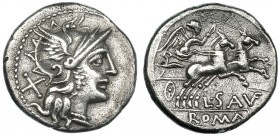 SAUFEIA. Denario. Roma (152 a.C.). R/ Victoria con látigo a der., ley.: L. SAVF; en el exergo: ROMA. CRAW-204-1. FFC-1099. SB-1. Rayas en rev. Limpiad...