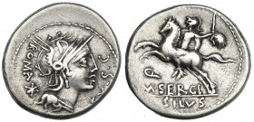 SERGIA. Denario. Norte de Italia (116-115 a.C.). A/ Cabeza de Roma a der., alrededor: ROMA * EX·S·C. R/ Jinete a izq., en el campo Q y cabeza de galo;...