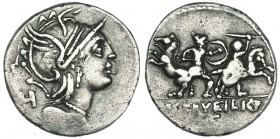 SERVILIA. Denario. Norte de Italia (150 a.C.). A/ Cabeza de Roma a der., detrás letra. R/ Dos guerreros y dos caballos; en el exergo: M·SERVEILI C·F y...