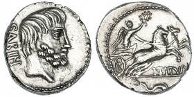 TITURIA. Denario. Roma (89 a.C.). A/ Cabeza de Tatius a der., detrás: SABIN. R/ Victoria en biga a der., debajo: L·TITUR(I); en el exergo: símbolo. FF...