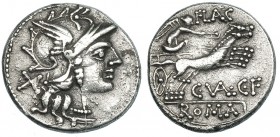 VALERIA. Denario. Roma (140 a.C.). R/ Victoria con látigo en biga a der., ley.: FLAC / C.VAL. C. F.; en el exergo ROMA. CRAW-228.2. FFC-1163. SB-8. Ra...