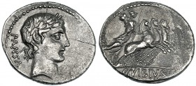 VIBIA. Denario. Roma (90 a.C.). A/ Cabeza de Apolo a der., detrás PANSA, delante símbolo poco visible. R/ Minerva en cuadriga a der., con cetro y trof...