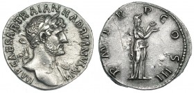ADRIANO. Denario. Roma (119-122). R/ Pietas de pie a der. con ambas manos levantadas; P. M. TR. COS III. RIC-97. Rayitas en rev. MBC+/EBC-.