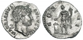 ADRIANO. Denario. Roma (128). R/ Genio a izq. con cornucopia, pátera y altar; COS III. RIC-173c. Pequeña grieta. Superficies rugosas. EBC-.
