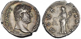 ADRIANO. Denario. Roma (134-138). R/ La Moneta con balanza y cornucopia; MONETA AVG. RIC-256. SB-963. MBC/MBC-.