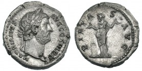 ADRIANO. Denario. Roma (134-138). R/ Pietas de pie a izq. junto al altar con ambas manos levantadas; PIETA / S / AVG. RIC-257. MBC+.