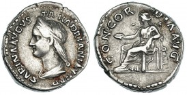 SABINA, (Esposa de Adriano). Denario. Roma (128-134). A/ Busto de la emperatriz a izq. R/ Concordia sentada a izq. con pátera; CONCORDIA AVG. RIC-398....
