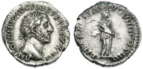 ANTONINO PÍO. Denario. Roma (160-161). R/ Liberalitas de pie a der. vaciando monedas de la cornucopia, sostenida en ambas manos; LIBERALITAS AVG VIIII...