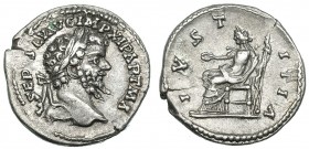 SEPTIMIO SEVERO. Denario. Laodicea (198-202). R/ Iustitia sentada a izq. con pátera y cetro; IVST - ITIA. RIC-505. Fina grieta. MBC+/MBC.