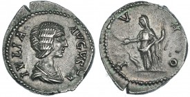 JULIA DOMNA, (Esposa de Septimio Severo). Denario. Roma (209). A/ IVLIA AVGVSTA. R/ Juno con pátera y cetro, ave a los pies; IVNO. RIC-559. MBC+.
