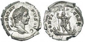 CARACALLA. Denario. Roma (207). R/ Caracalla con traje militar de frente con cabeza hacia la der. sujetando lanza y parazonium; a la der. dos personas...
