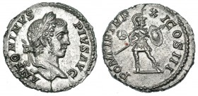 CARACALLA. Denario. Roma (208). R/ Marte de pie a der. con lanza y escudo; PONTIF. TR. P. /X/ COS. III. RIC-100. Fina grieta. EBC/EBC-.
