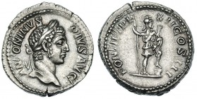 CARACALLA. Denario. Roma (209). R/ Virtus con casco de pie a der. sosteniendo lanza y parazonium; PONTIF. TR. P. / XII COS. III. RIC-112. MBC+.