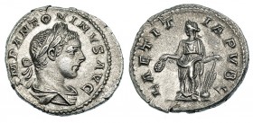 HELIOGÁBALO. Denario. Roma (222). R/ Laetitia de pie a izq. con corona y timón sobre globo; LAETIT / IA PVBL. RIC-95. EBC-.