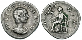 JULIA PAULA, (Esposa de Heliogábalo). Denario. Roma (219-220). R/ Concordia sentada a izq. con pátera, en el campo estrella; CONCORDIA. RIC-211. MBC-/...