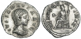 JULIA PAULA, (Esposa de Heliogábalo). Denario. Roma (219-220). R/ VENVS GENETRIX. RIC-222. Pequeñas marcas. MBC+.