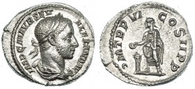 ALEJANDRO SEVERO. Denario. Roma (227). R/ Emperador de pie a izq. sacrificando encima de un trípode. En ley.: P.M.TR.P.VI/COS.II.P.P. RIC-70.