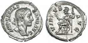 ALEJANDRO SEVERO. Denario. Roma (228-231). R/ Virtus sentada a izq. con rama de olivo y cetro. Ley.: VIRT/VS/AVG. RIC-221. Dos pequeñas grietas. EBC.